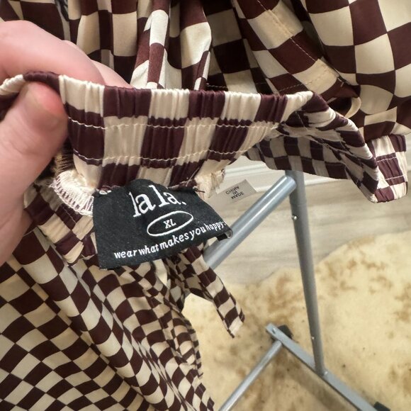 Dressed in LALA - Dream So Big Satin Top + Pants Set in Brown Cream Check - Picture 4 of 4